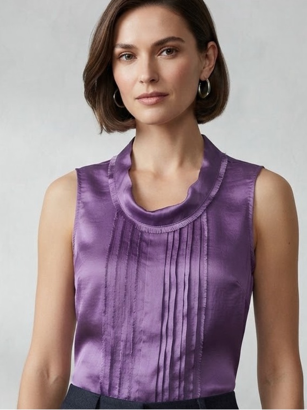 Adiva Purple Satin Pintuck Sleeveless Top